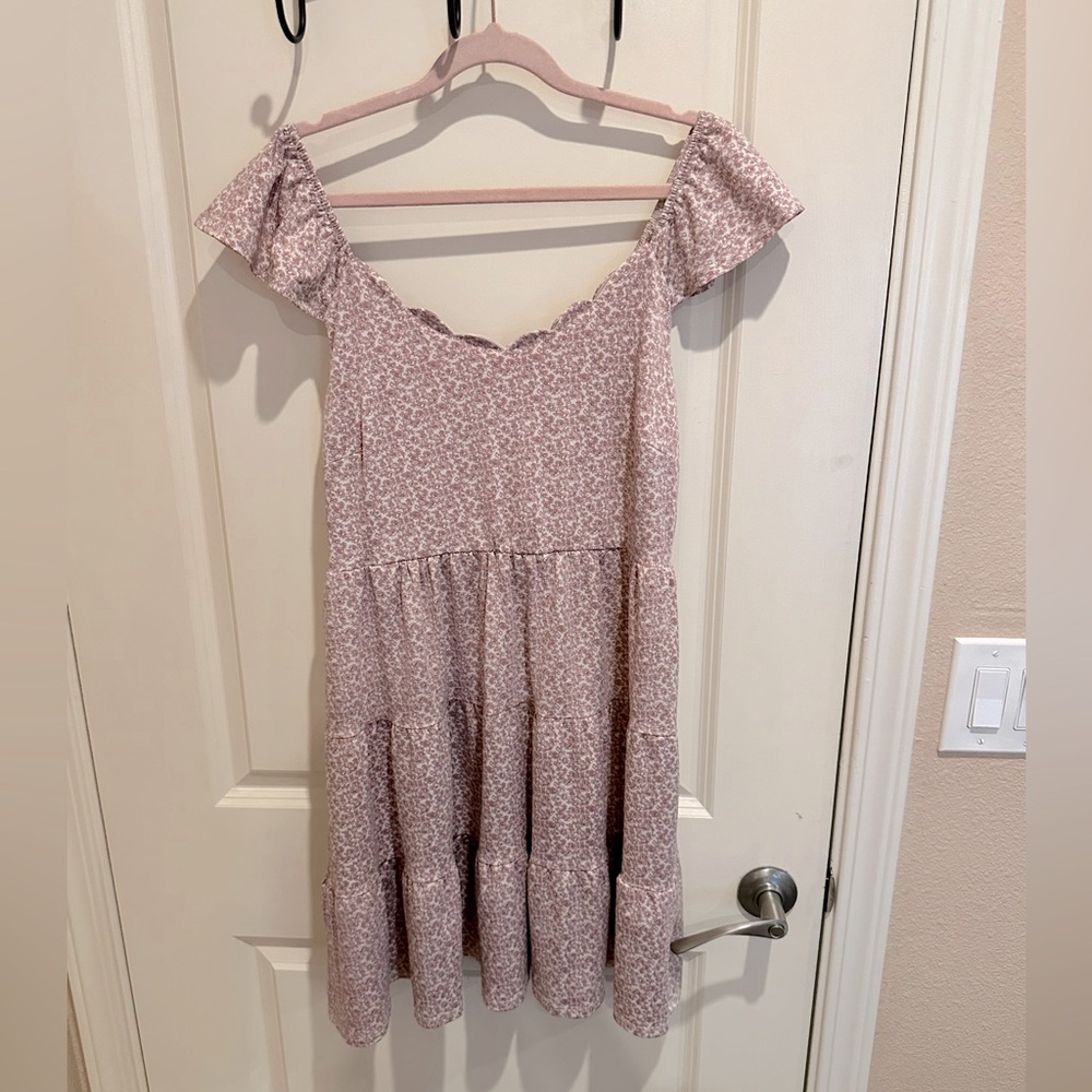 Monteau LA tiered midi dress, dusty pink floral with flutter sleeves